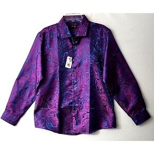NEW Barry Wang Mens Paisley Silk Jacquard Dress Shirt Purple Teal Long Sleeve L